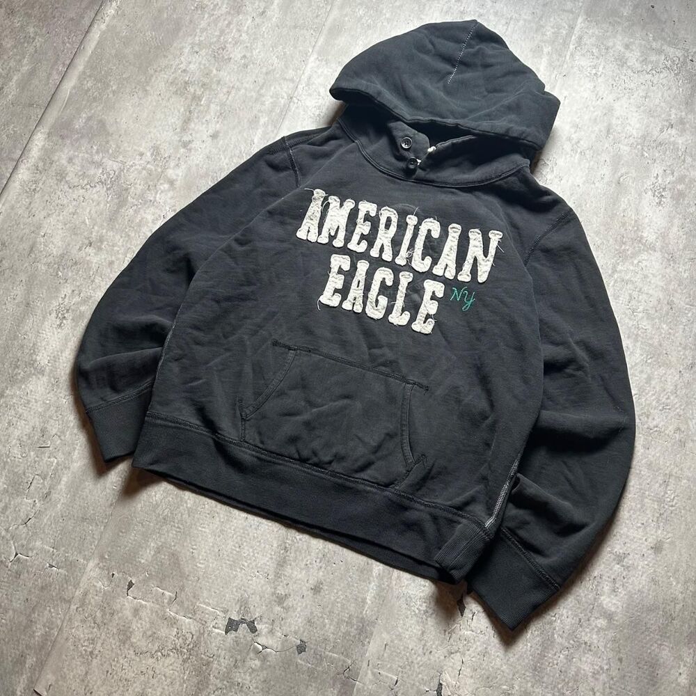 American-eagle Men's Black and Grey Hoodie